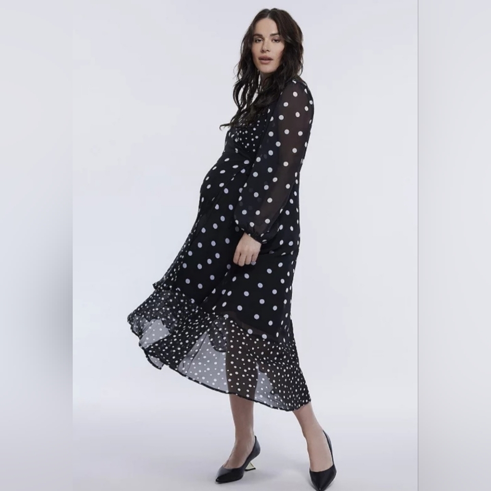 Motherhood Maternity Wrap Flounce Wrap Polka Dot Midi Dress Size Small New